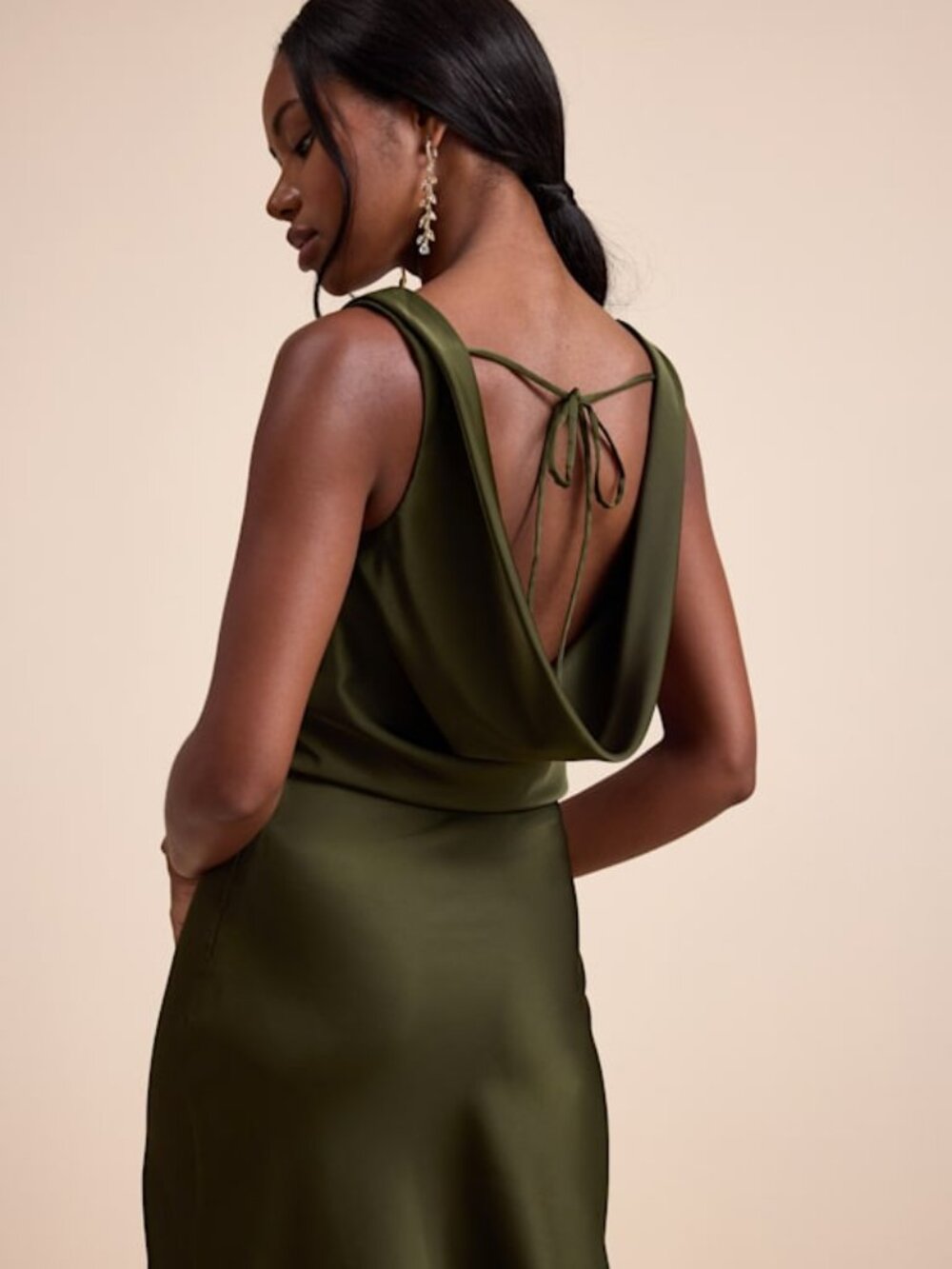 Lulus Aernah Olive Satin Cowl Tie-back Slip Maxi Dress Green - Size S